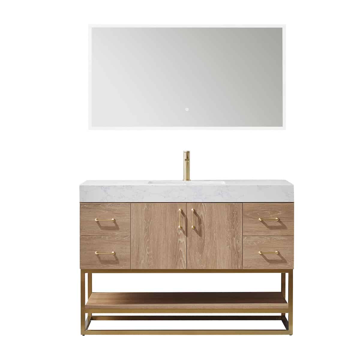 Vinnova Alistair 48 Inch Freestanding Single Vanity in North American Oak and Brushed Gold Frame with White Grain Stone Countertop With Mirror 789048-NO-GW