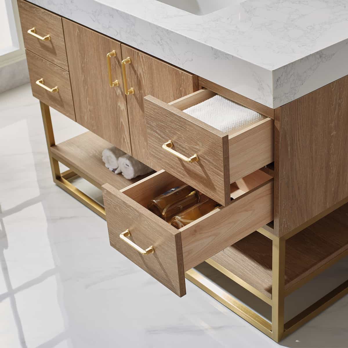 Vinnova Alistair 48 Inch Freestanding Single Vanity in North American Oak and Brushed Gold Frame with White Grain Stone Countertop With Mirror Drawers 789048-NO-GW
