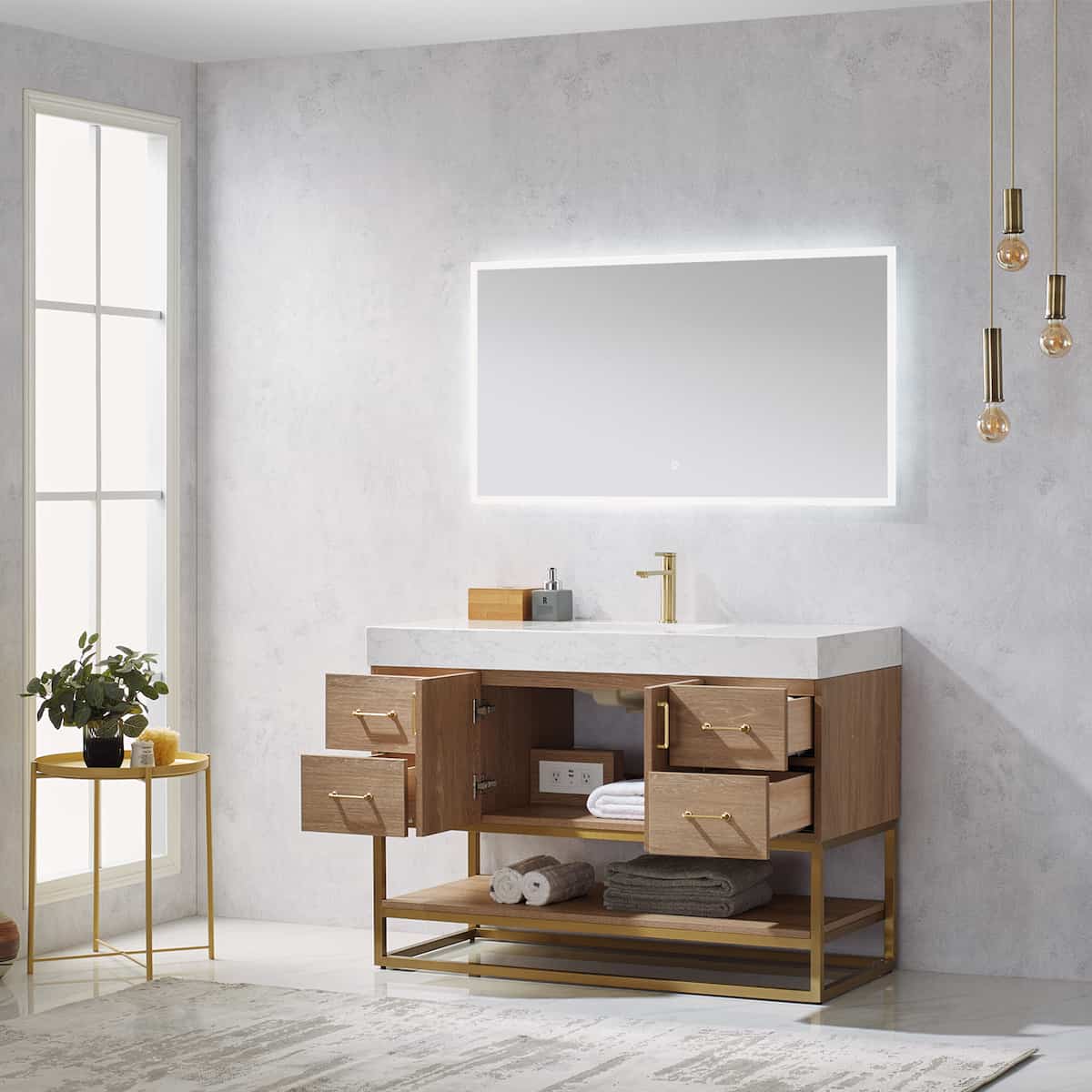 Vinnova Alistair 48 Inch Freestanding Single Vanity in North American Oak and Brushed Gold Frame with White Grain Stone Countertop With Mirror Inside 789048-NO-GW