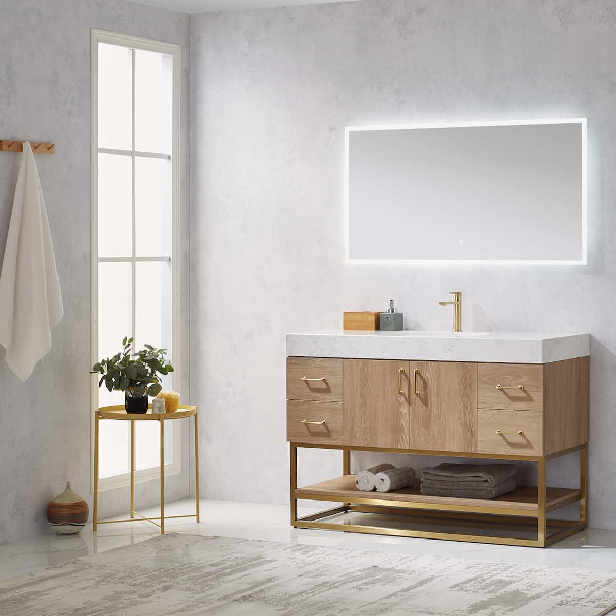 Vinnova Alistair 48 Inch Freestanding Single Vanity in North American Oak and Brushed Gold Frame with White Grain Stone Countertop With Mirror Side 789048-NO-GW
