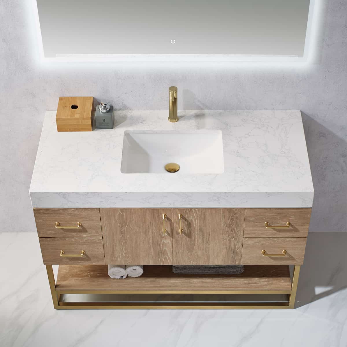 Vinnova Alistair 48 Inch Freestanding Single Vanity in North American Oak and Brushed Gold Frame with White Grain Stone Countertop With Mirror Sink 789048-NO-GW