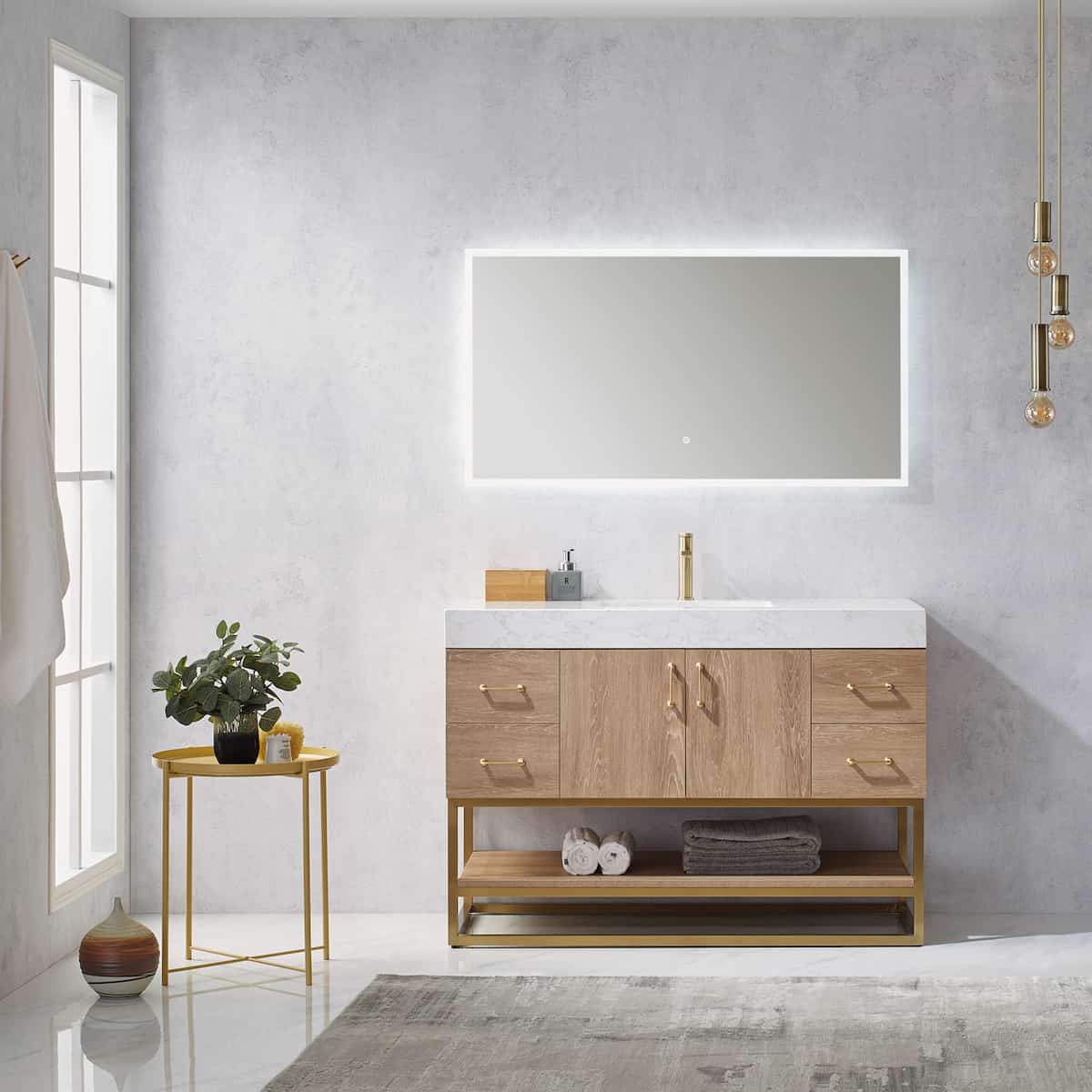 Vinnova Alistair 48 Inch Freestanding Single Vanity in North American Oak and Brushed Gold Frame with White Grain Stone Countertop With Mirror in Bathroom 789048-NO-GW