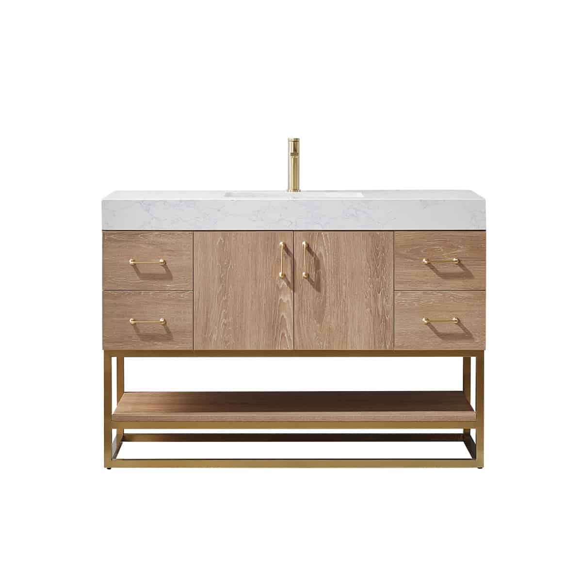 Vinnova Alistair 48 Inch Freestanding Single Vanity in North American Oak and Brushed Gold Frame with White Grain Stone Countertop Without Mirror 789048-NO-GW-NM