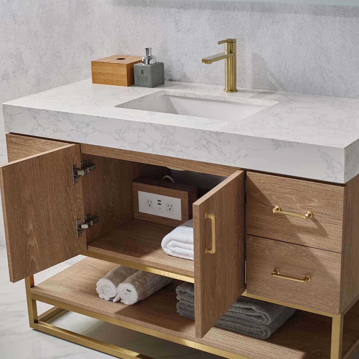 Vinnova Alistair 48 Inch Freestanding Single Vanity in North American Oak and Brushed Gold Frame with White Grain Stone Countertop Without Mirror Cabinet 789048-NO-GW-NM