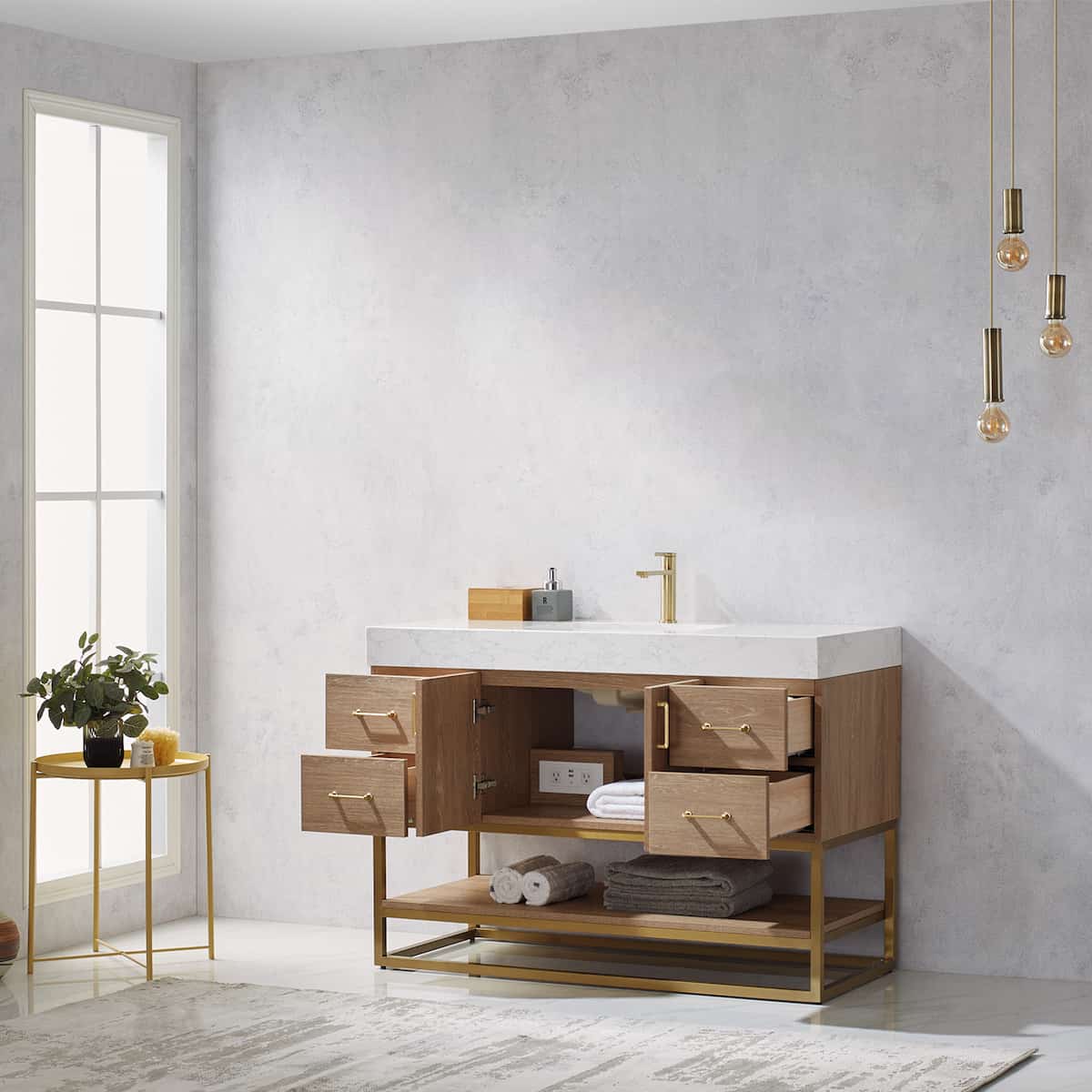 Vinnova Alistair 48 Inch Freestanding Single Vanity in North American Oak and Brushed Gold Frame with White Grain Stone Countertop Without Mirror Inside 789048-NO-GW-NM