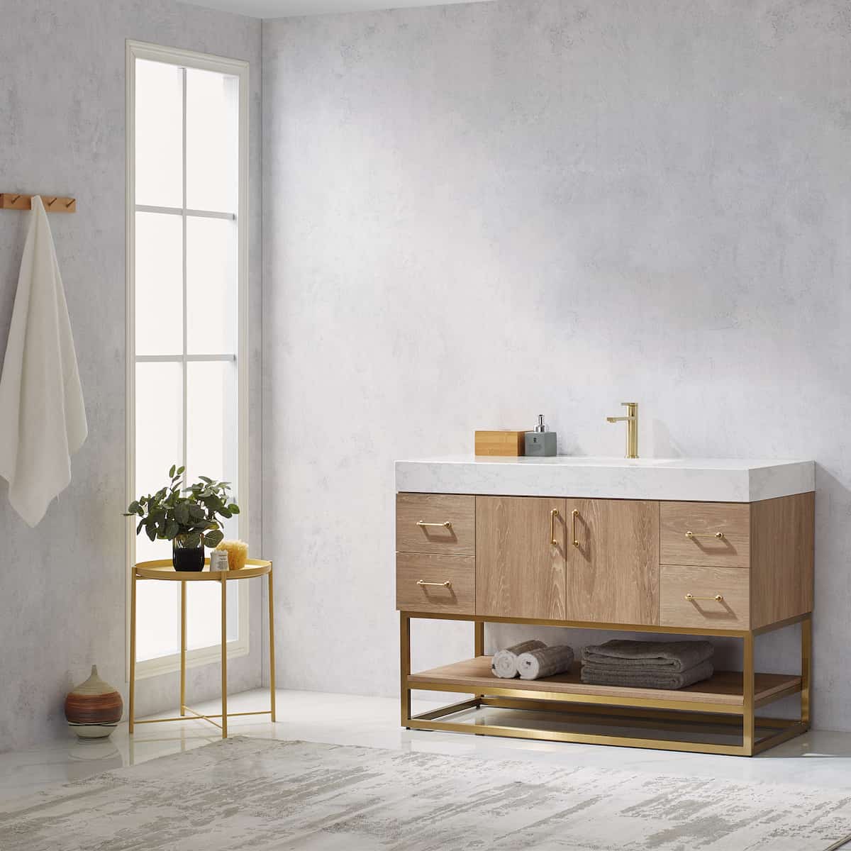 Vinnova Alistair 48 Inch Freestanding Single Vanity in North American Oak and Brushed Gold Frame with White Grain Stone Countertop Without Mirror Side 789048-NO-GW-NM