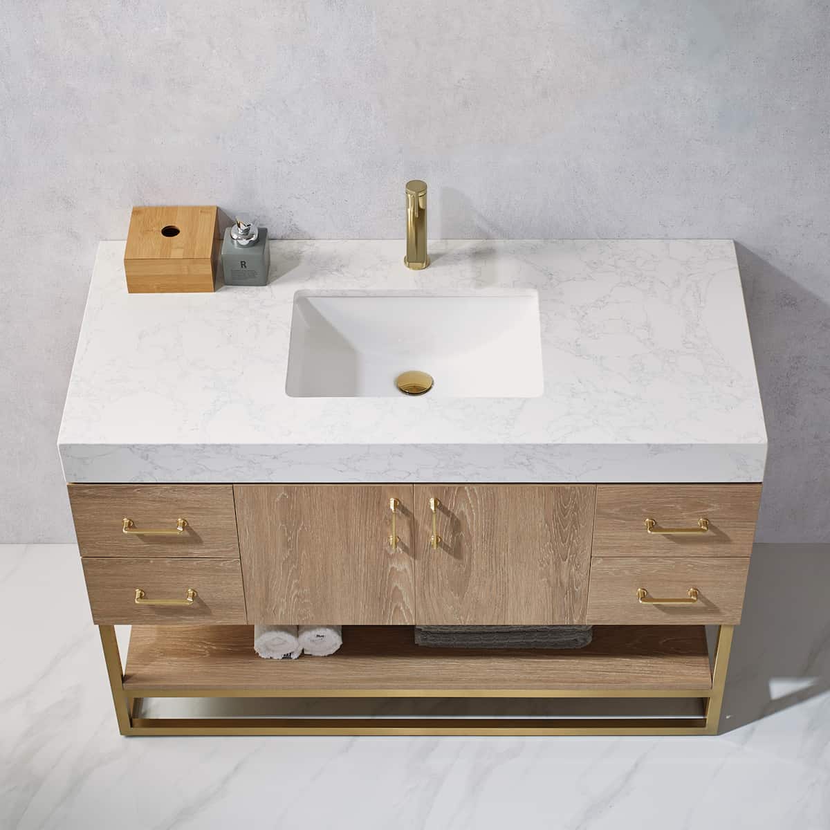 Vinnova Alistair 48 Inch Freestanding Single Vanity in North American Oak and Brushed Gold Frame with White Grain Stone Countertop Without Mirror Sink 789048-NO-GW-NM