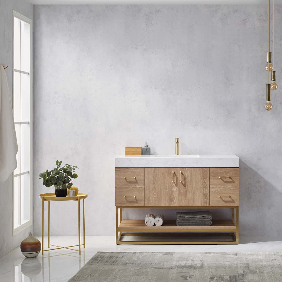 Vinnova Alistair 48 Inch Freestanding Single Vanity in North American Oak and Brushed Gold Frame with White Grain Stone Countertop Without Mirror in Bathroom 789048-NO-GW-NM