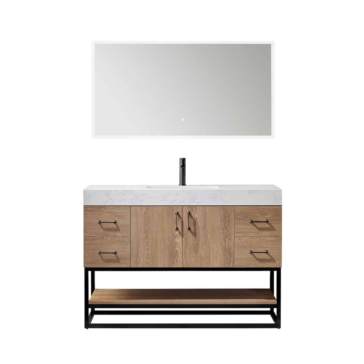 Vinnova Alistair 48 Inch Freestanding Single Vanity in North American Oak and Matte Black Frame with White Grain Stone Countertop With Mirror 789048B-NO-GW