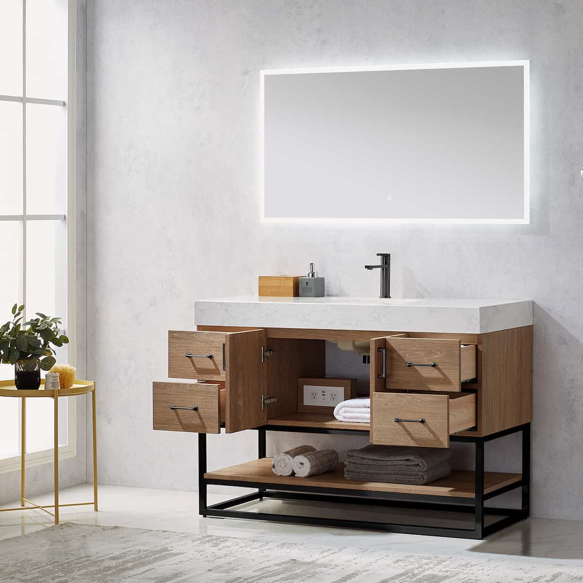 Vinnova Alistair 48 Inch Freestanding Single Vanity in North American Oak and Matte Black Frame with White Grain Stone Countertop With Mirror Inside 789048B-NO-GW