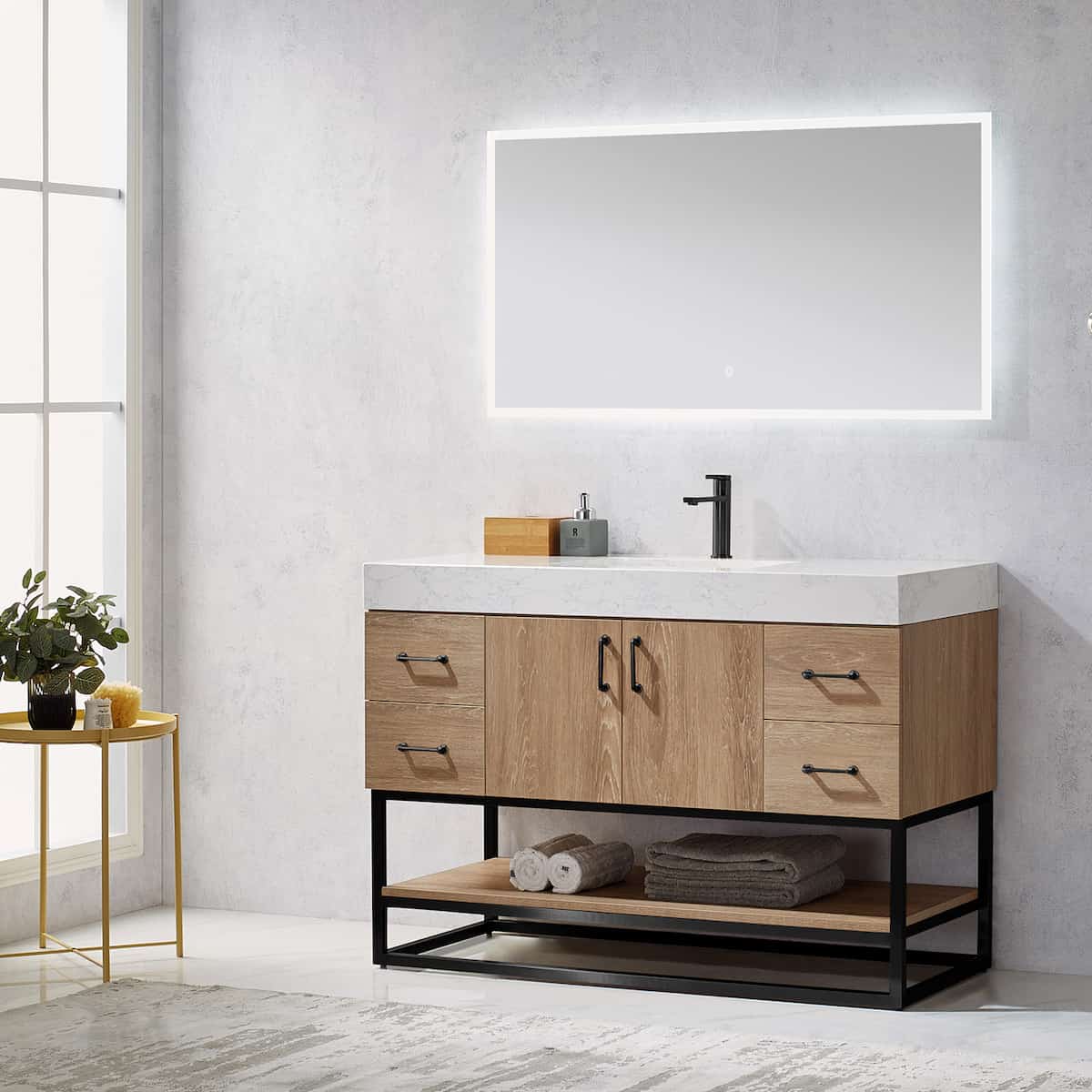 Vinnova Alistair 48 Inch Freestanding Single Vanity in North American Oak and Matte Black Frame with White Grain Stone Countertop With Mirror Side 789048B-NO-GW