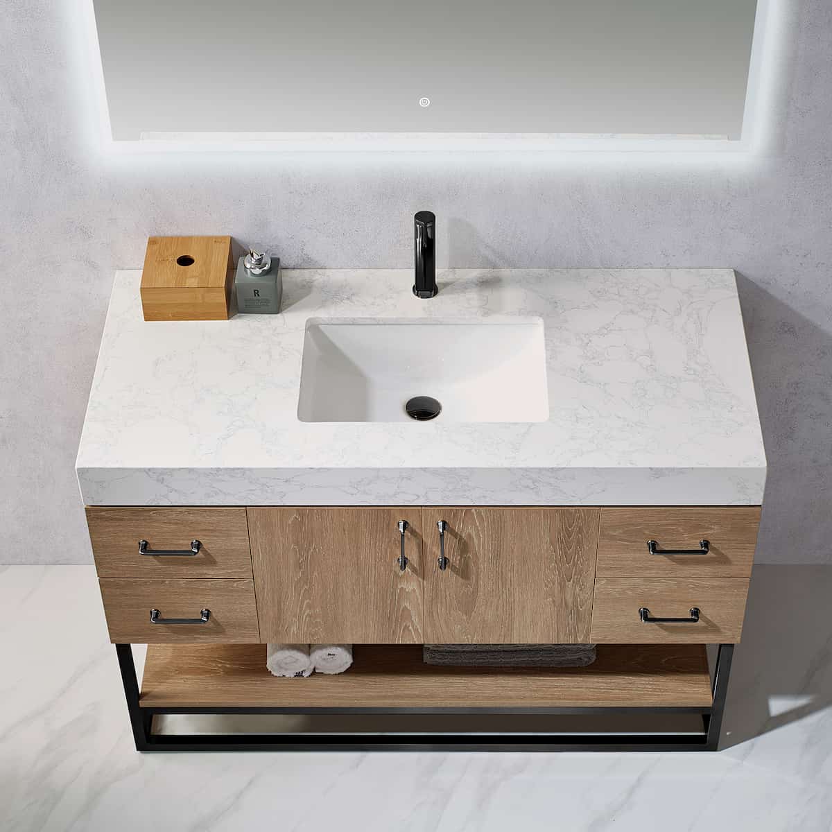 Vinnova Alistair 48 Inch Freestanding Single Vanity in North American Oak and Matte Black Frame with White Grain Stone Countertop With Mirror Sink 789048B-NO-GW