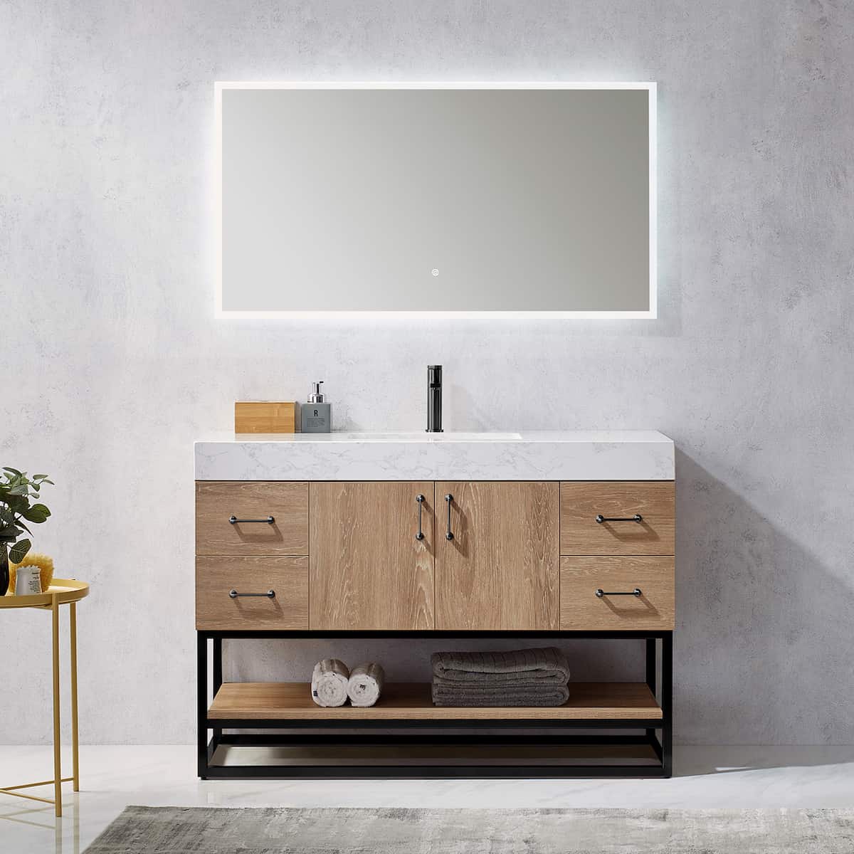 Vinnova Alistair 48 Inch Freestanding Single Vanity in North American Oak and Matte Black Frame with White Grain Stone Countertop With Mirror in Bathroom 789048B-NO-GW