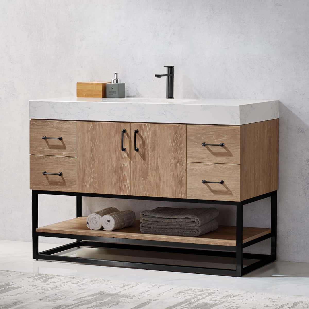 Vinnova Alistair 48 Inch Freestanding Single Vanity in North American Oak and Matte Black Frame with White Grain Stone Countertop Without Mirror Side 789048B-NO-GW-NM