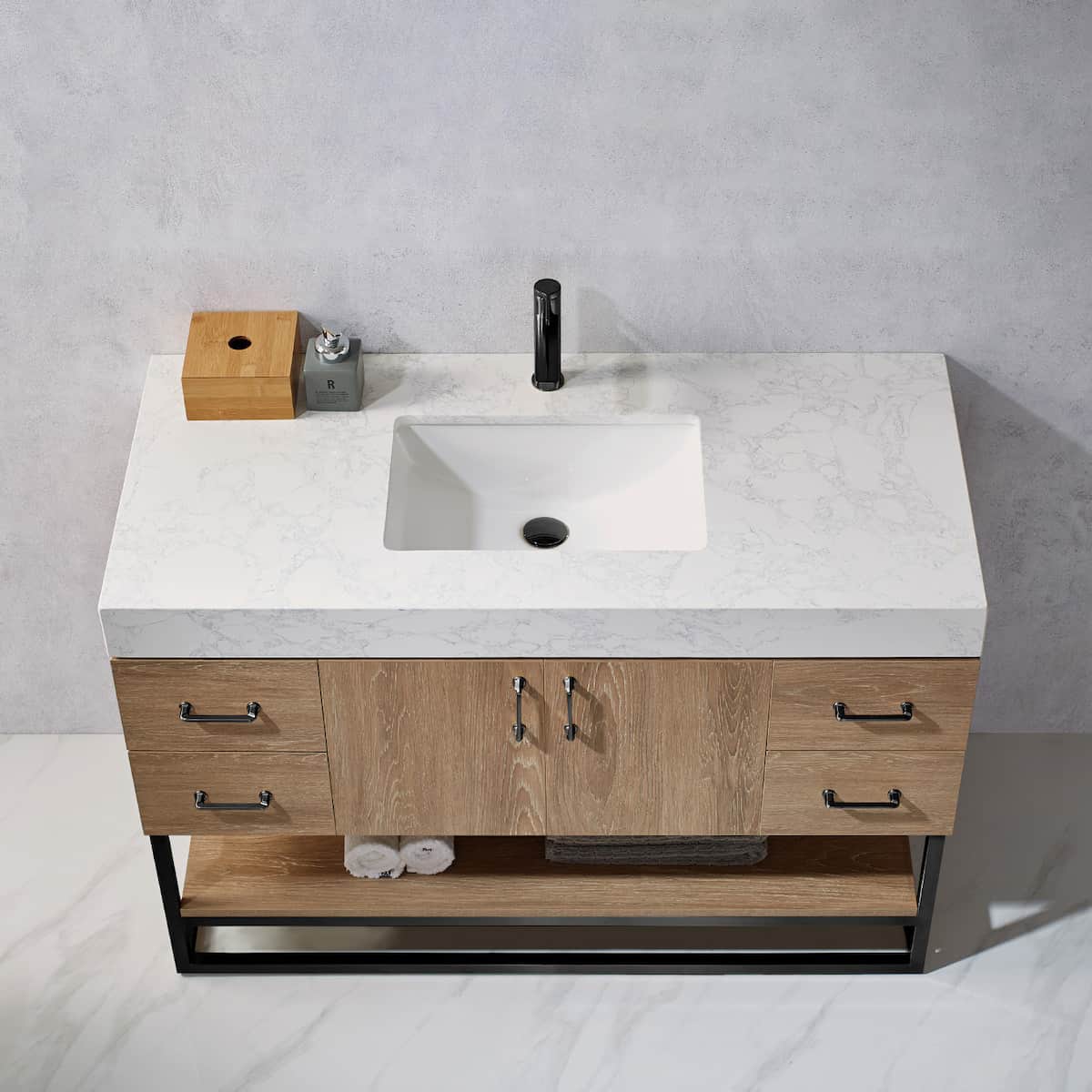 Vinnova Alistair 48 Inch Freestanding Single Vanity in North American Oak and Matte Black Frame with White Grain Stone Countertop Without Mirror Sink 789048B-NO-GW-NM