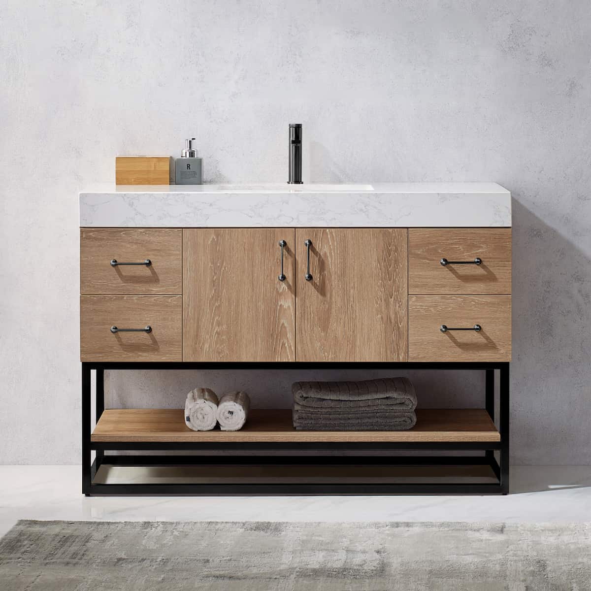 Vinnova Alistair 48 Inch Freestanding Single Vanity in North American Oak and Matte Black Frame with White Grain Stone Countertop Without Mirror in Bathroom 789048B-NO-GW-NM