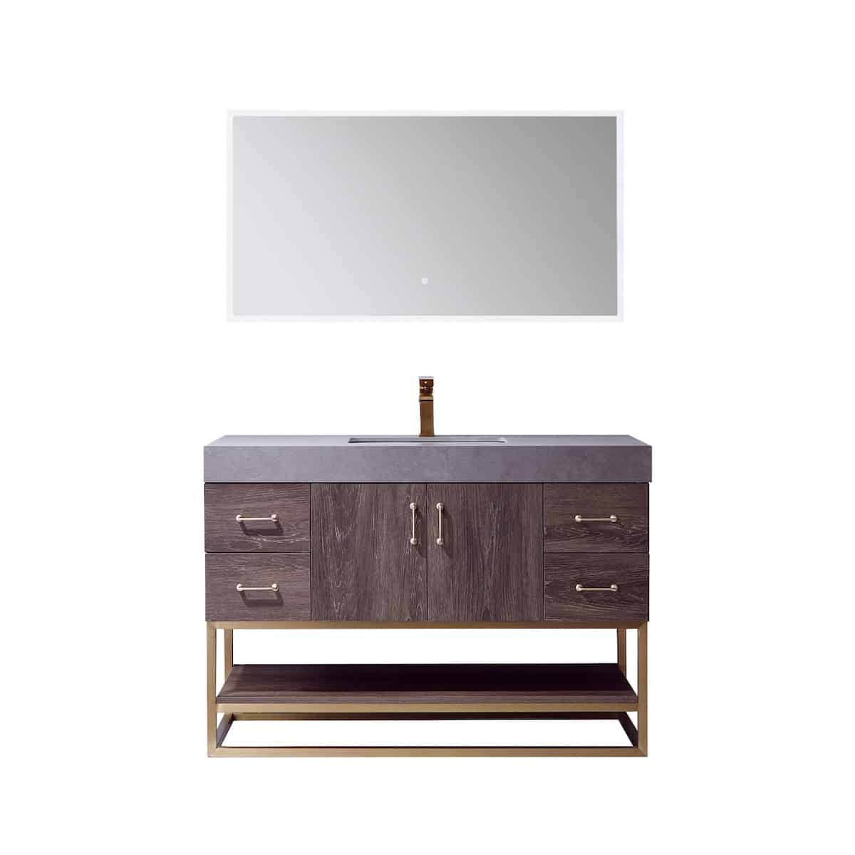 Vinnova Alistair 48 Inch Freestanding Single Vanity in North Carolina Oak and Brushed Gold Frame with  Grey Sintered Stone Top with Mirror 789048-NC-WK
