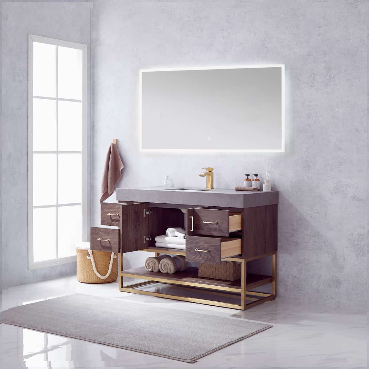 Vinnova Alistair 48 Inch Freestanding Single Vanity in North Carolina Oak and Brushed Gold Frame with  Grey Sintered Stone Top with Mirror Inside 789048-NC-WK