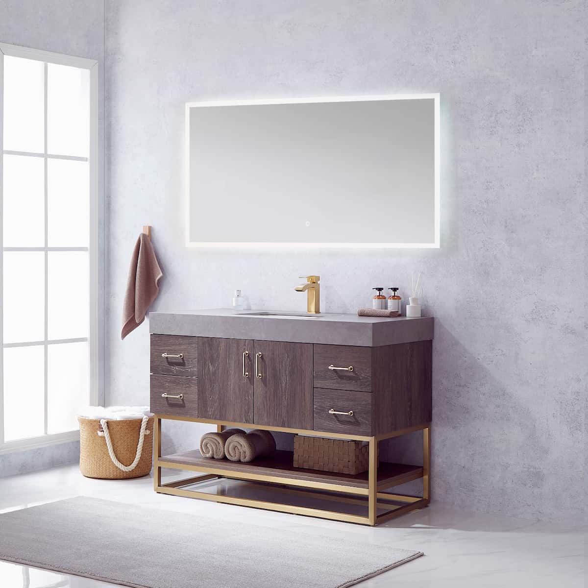 Vinnova Alistair 48 Inch Freestanding Single Vanity in North Carolina Oak and Brushed Gold Frame with  Grey Sintered Stone Top with Mirror Side 789048-NC-WK
