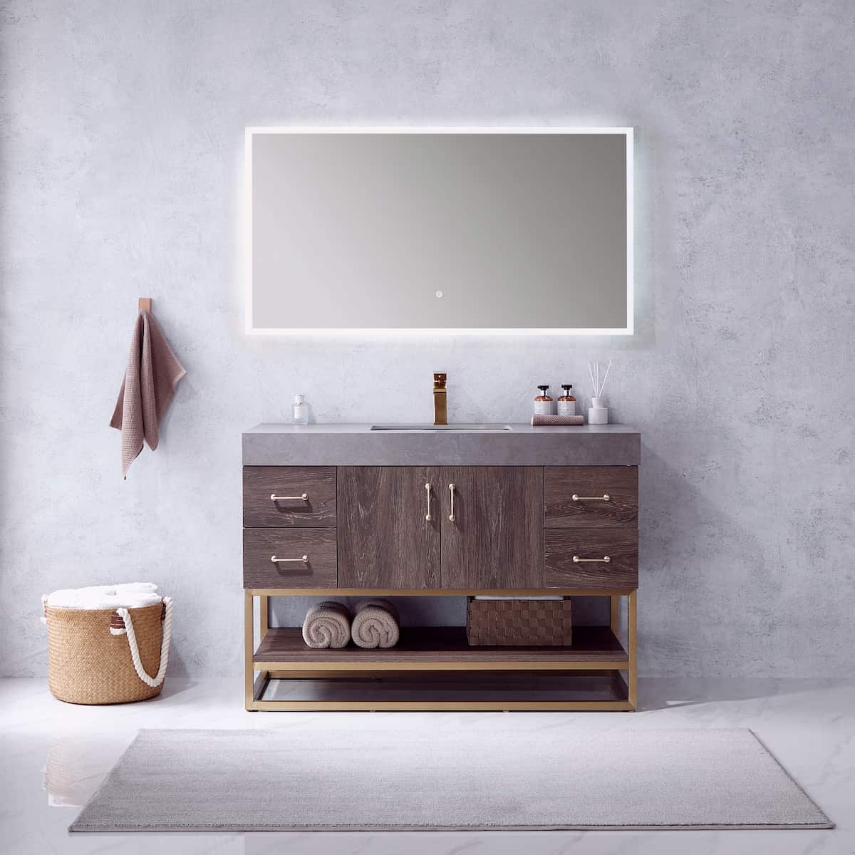 Vinnova Alistair 48 Inch Freestanding Single Vanity in North Carolina Oak and Brushed Gold Frame with  Grey Sintered Stone Top with Mirror in Bathroom 789048-NC-WK
