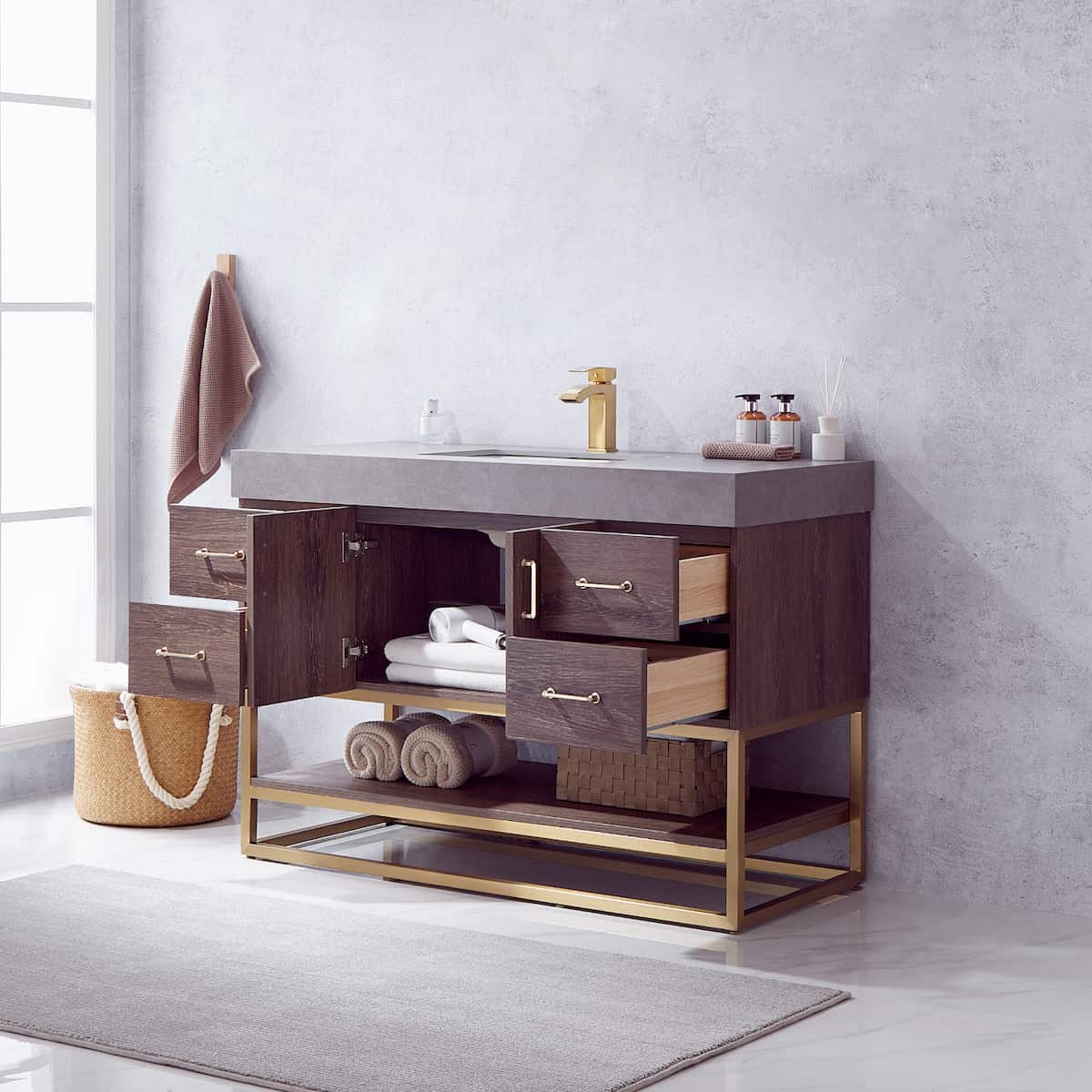 Vinnova Alistair 48 Inch Freestanding Single Vanity in North Carolina Oak and Brushed Gold Frame with  Grey Sintered Stone Top without Mirror Inside 789048-NC-WK-NM