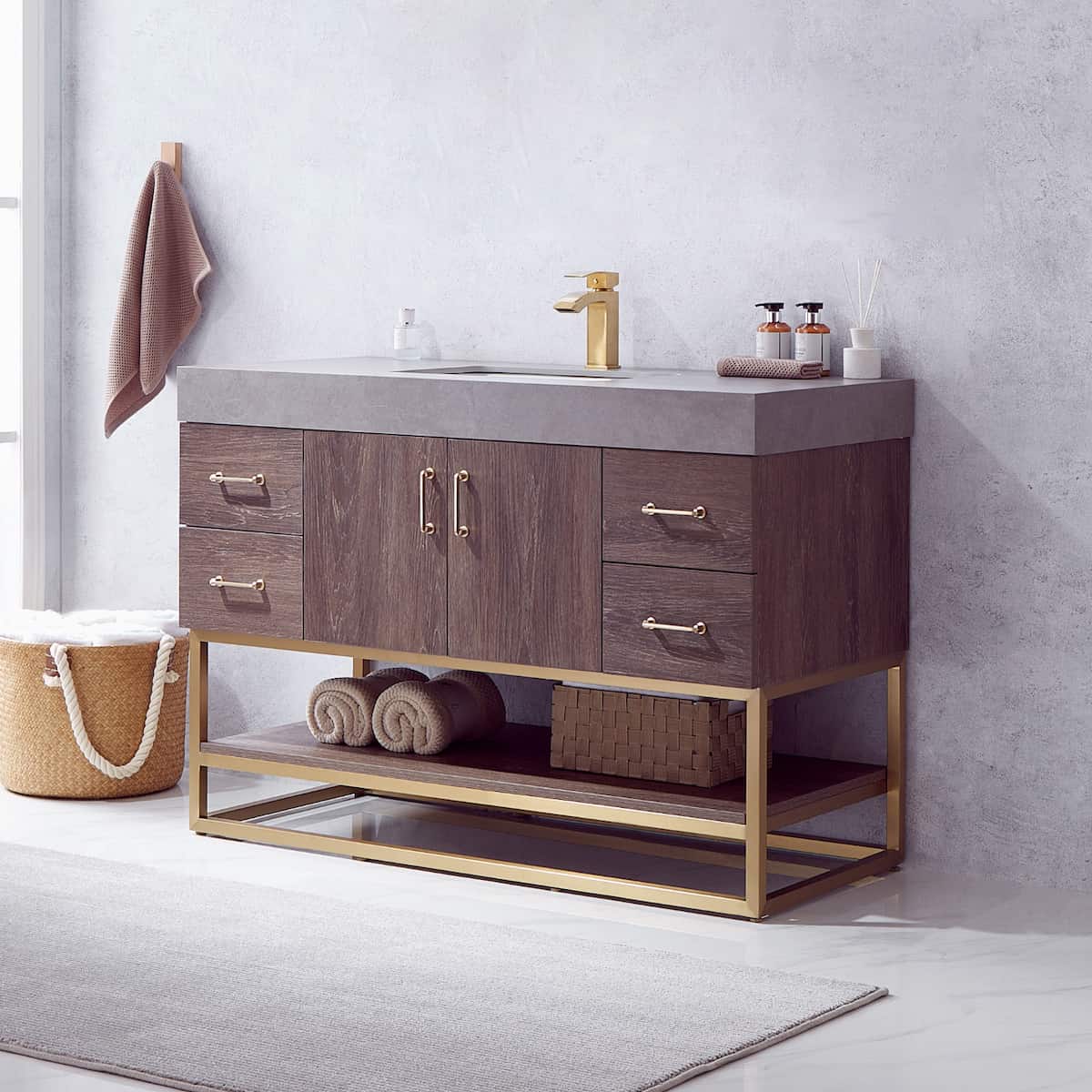 Vinnova Alistair 48 Inch Freestanding Single Vanity in North Carolina Oak and Brushed Gold Frame with  Grey Sintered Stone Top without Mirror Side 789048-NC-WK-NM