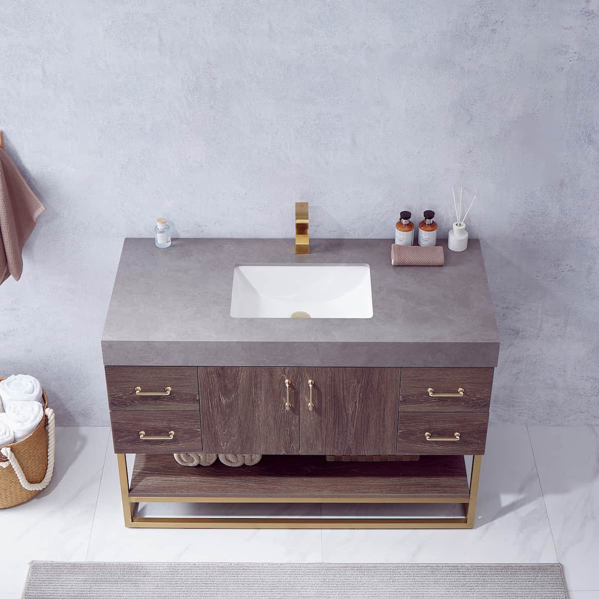 Vinnova Alistair 48 Inch Freestanding Single Vanity in North Carolina Oak and Brushed Gold Frame with  Grey Sintered Stone Top without Mirror Sink 789048-NC-WK-NM