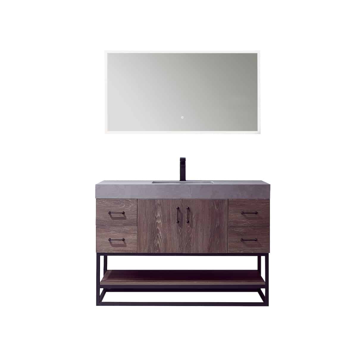 Vinnova Alistair 48 Inch Freestanding Single Vanity in North Carolina Oak and Matte Black Frame with  Grey Sintered Stone Top with Mirror 789048B-NC-WK