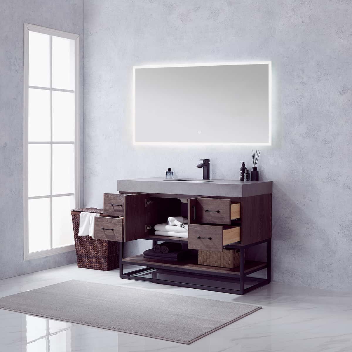 Vinnova Alistair 48 Inch Freestanding Single Vanity in North Carolina Oak and Matte Black Frame with  Grey Sintered Stone Top with Mirror Inside 789048B-NC-WK