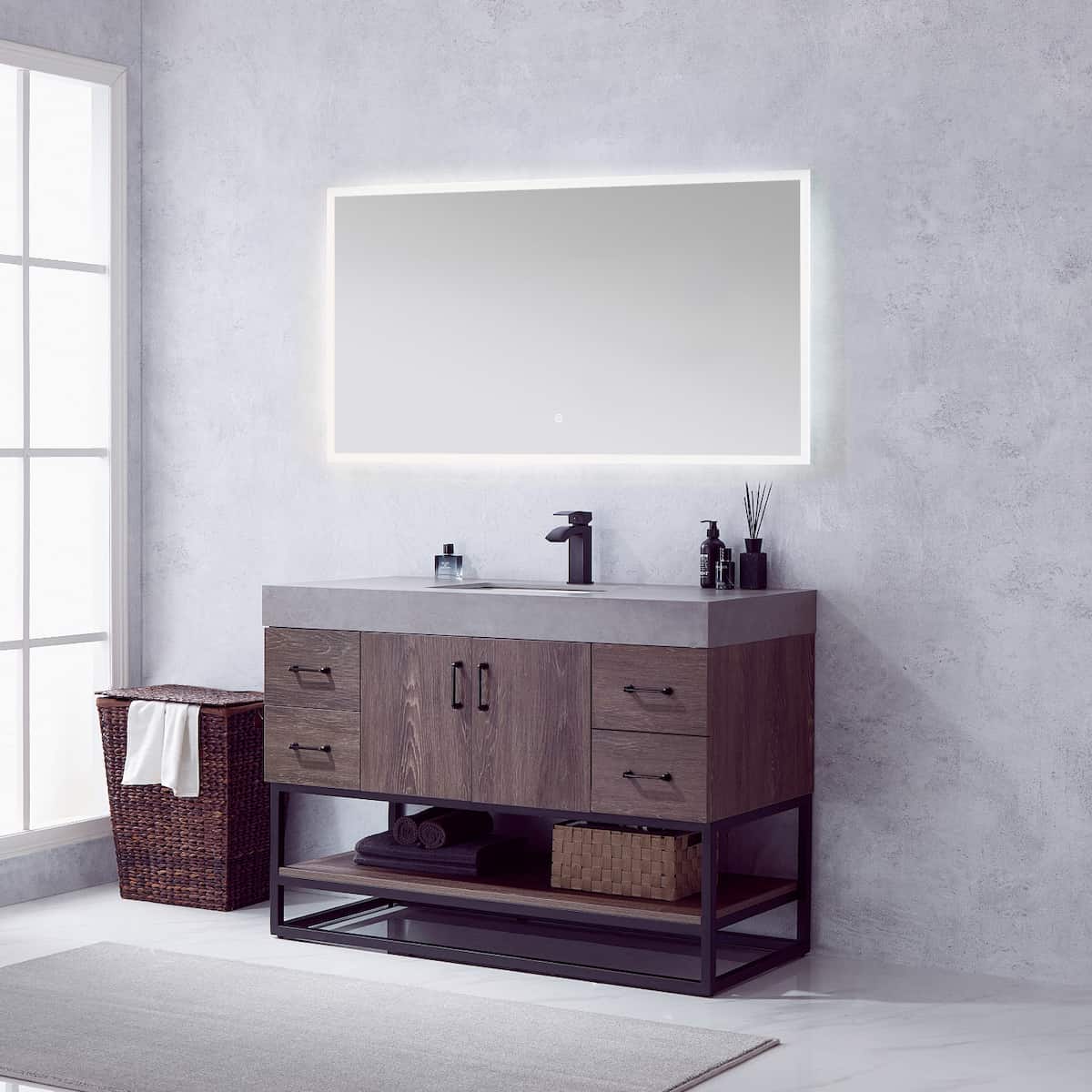 Vinnova Alistair 48 Inch Freestanding Single Vanity in North Carolina Oak and Matte Black Frame with  Grey Sintered Stone Top with Mirror Side 789048B-NC-WK