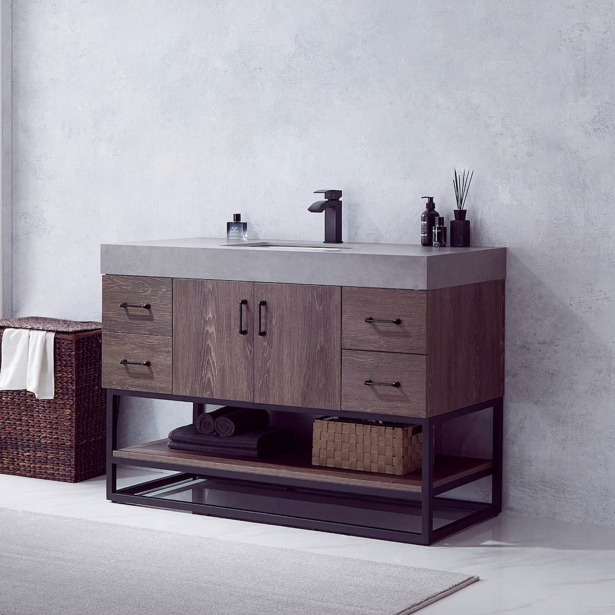 Vinnova Alistair 48 Inch Freestanding Single Vanity in North Carolina Oak and Matte Black Frame with  Grey Sintered Stone Top without Mirror Side 789048B-NC-WK-NM