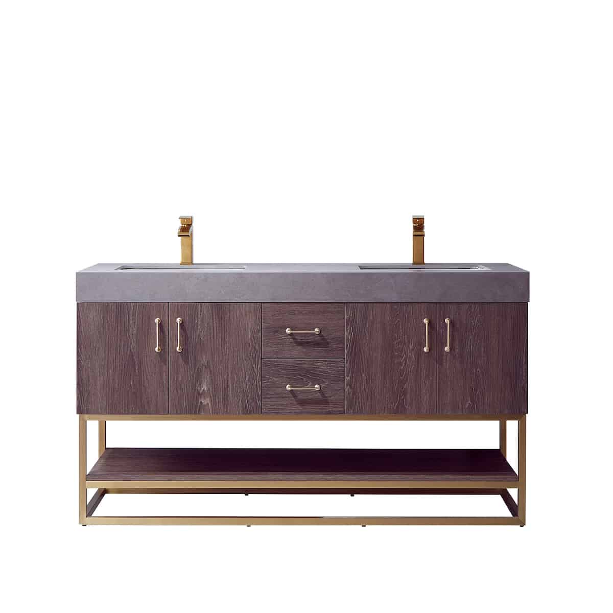 Vinnova Alistair 60 Inch Freestanding Double Sink Bath Vanity in North Carolina Oak and Brushed Gold Frame with Grey Sintered Stone Top Without Mirror 789060-NC-WK-NM