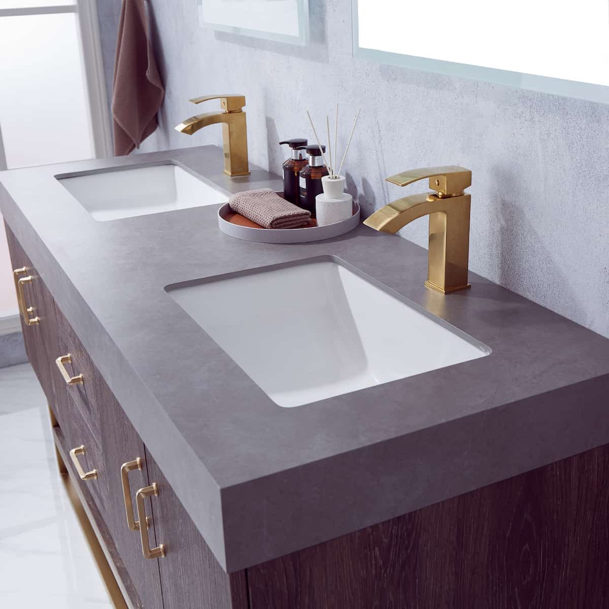 Vinnova Alistair 60 Inch Freestanding Double Sink Bath Vanity in North Carolina Oak and Brushed Gold Frame with Grey Sintered Stone Top Without Mirror Counter 789060-NC-WK-NM
