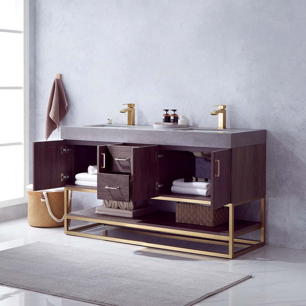Vinnova Alistair 60 Inch Freestanding Double Sink Bath Vanity in North Carolina Oak and Brushed Gold Frame with Grey Sintered Stone Top Without Mirror Inside 789060-NC-WK-NM