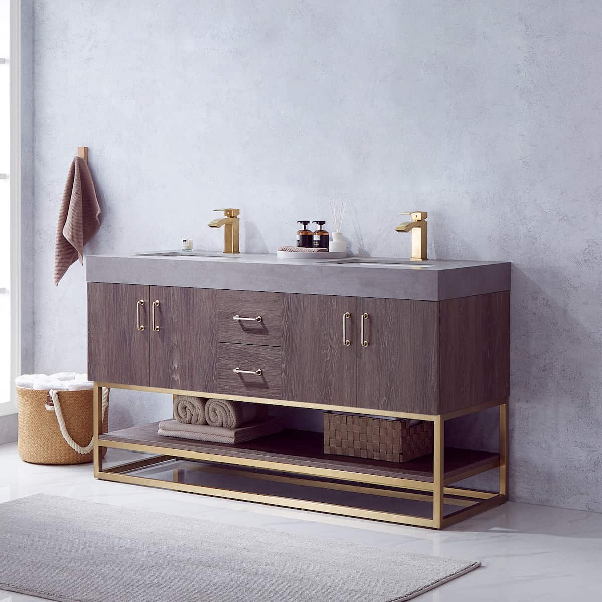 Vinnova Alistair 60 Inch Freestanding Double Sink Bath Vanity in North Carolina Oak and Brushed Gold Frame with Grey Sintered Stone Top Without Mirror Side 789060-NC-WK-NM