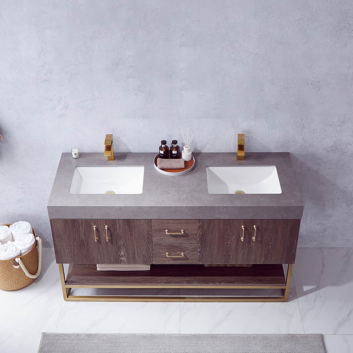 Vinnova Alistair 60 Inch Freestanding Double Sink Bath Vanity in North Carolina Oak and Brushed Gold Frame with Grey Sintered Stone Top Without Mirror Sinks 789060-NC-WK-NM