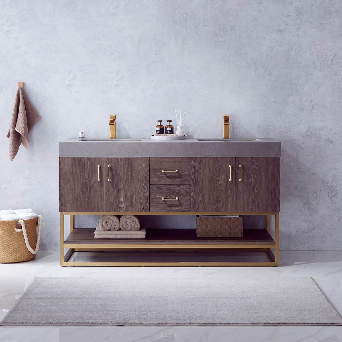 Vinnova Alistair 60 Inch Freestanding Double Sink Bath Vanity in North Carolina Oak and Brushed Gold Frame with Grey Sintered Stone Top Without Mirror in Bathroom 789060-NC-WK-NM