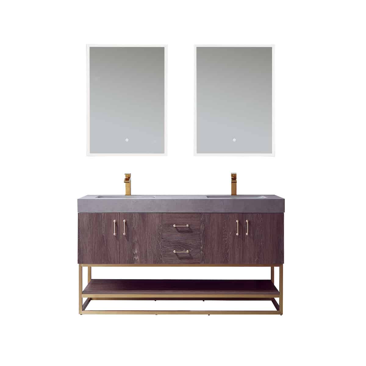 Vinnova Alistair 60 Inch Freestanding Double Sink Bath Vanity in North Carolina Oak and Brushed Gold Frame with Grey Sintered Stone Top With Mirrors 789060-NC-WK