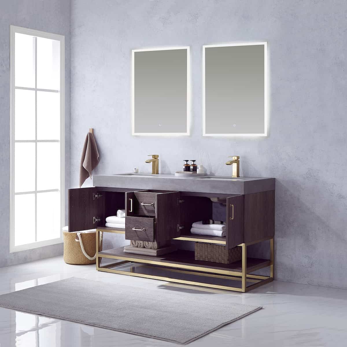 Vinnova Alistair 60 Inch Freestanding Double Sink Bath Vanity in North Carolina Oak and Brushed Gold Frame with Grey Sintered Stone Top With Mirrors Inside 789060-NC-WK