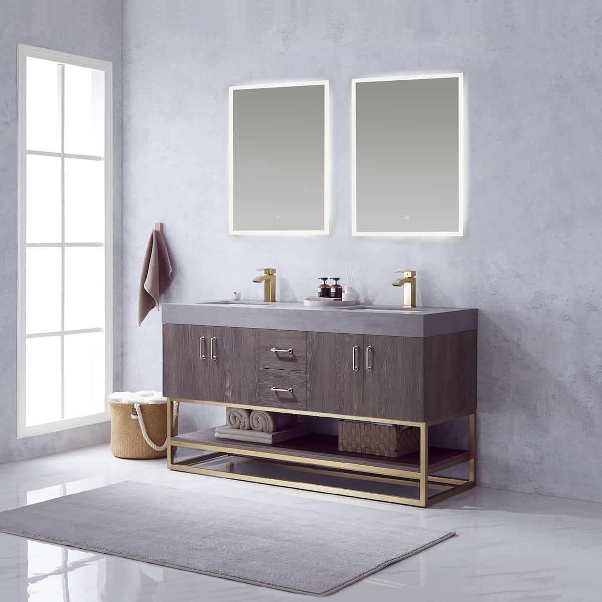 Vinnova Alistair 60 Inch Freestanding Double Sink Bath Vanity in North Carolina Oak and Brushed Gold Frame with Grey Sintered Stone Top With Mirrors Side 789060-NC-WK