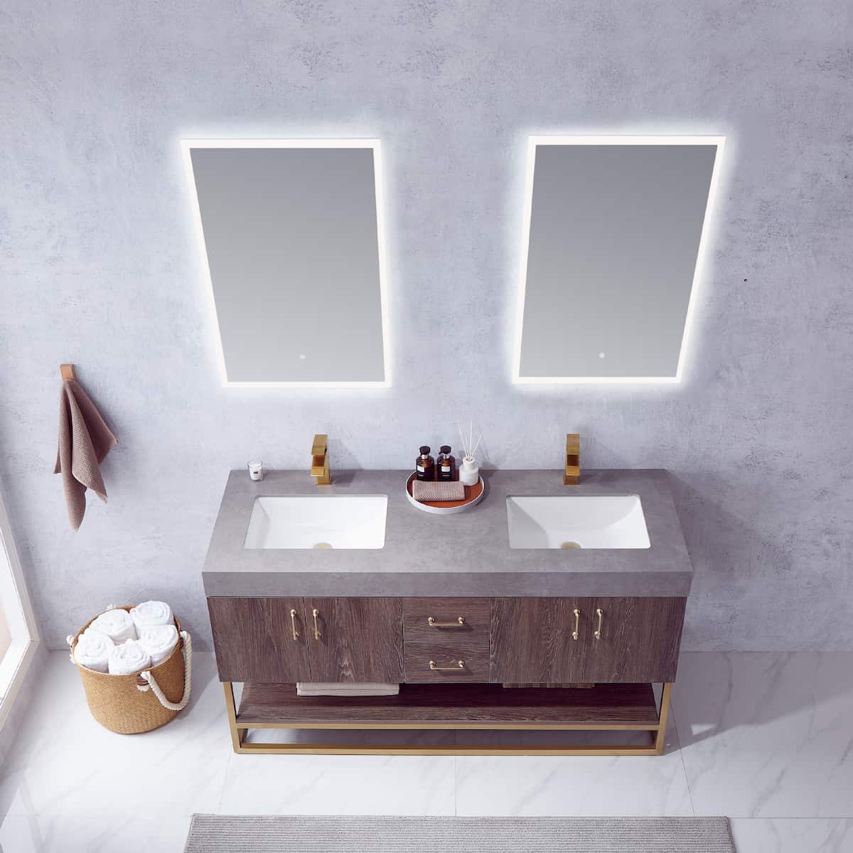 Vinnova Alistair 60 Inch Freestanding Double Sink Bath Vanity in North Carolina Oak and Brushed Gold Frame with Grey Sintered Stone Top With Mirrors Sinks 789060-NC-WK