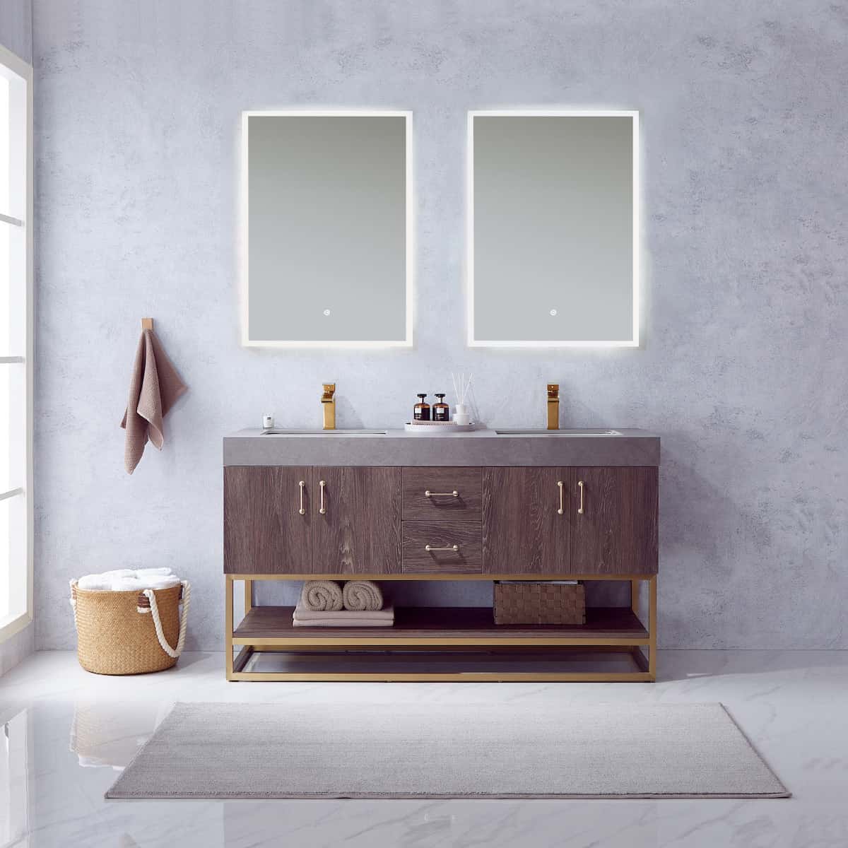 Vinnova Alistair 60 Inch Freestanding Double Sink Bath Vanity in North Carolina Oak and Brushed Gold Frame with Grey Sintered Stone Top With Mirrors in Bathroom 789060-NC-WK