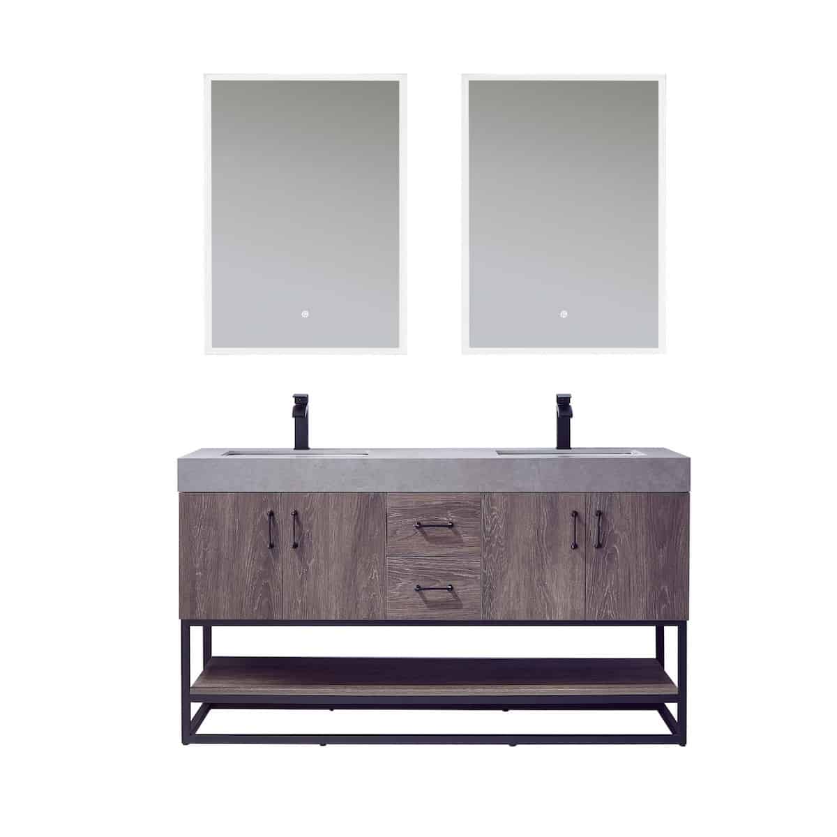 Vinnova Alistair 60 Inch Freestanding Double Sink Bath Vanity in North Carolina Oak and Matte Black Frame with Grey Sintered Stone Top With Mirrors 789060B-NC-WK