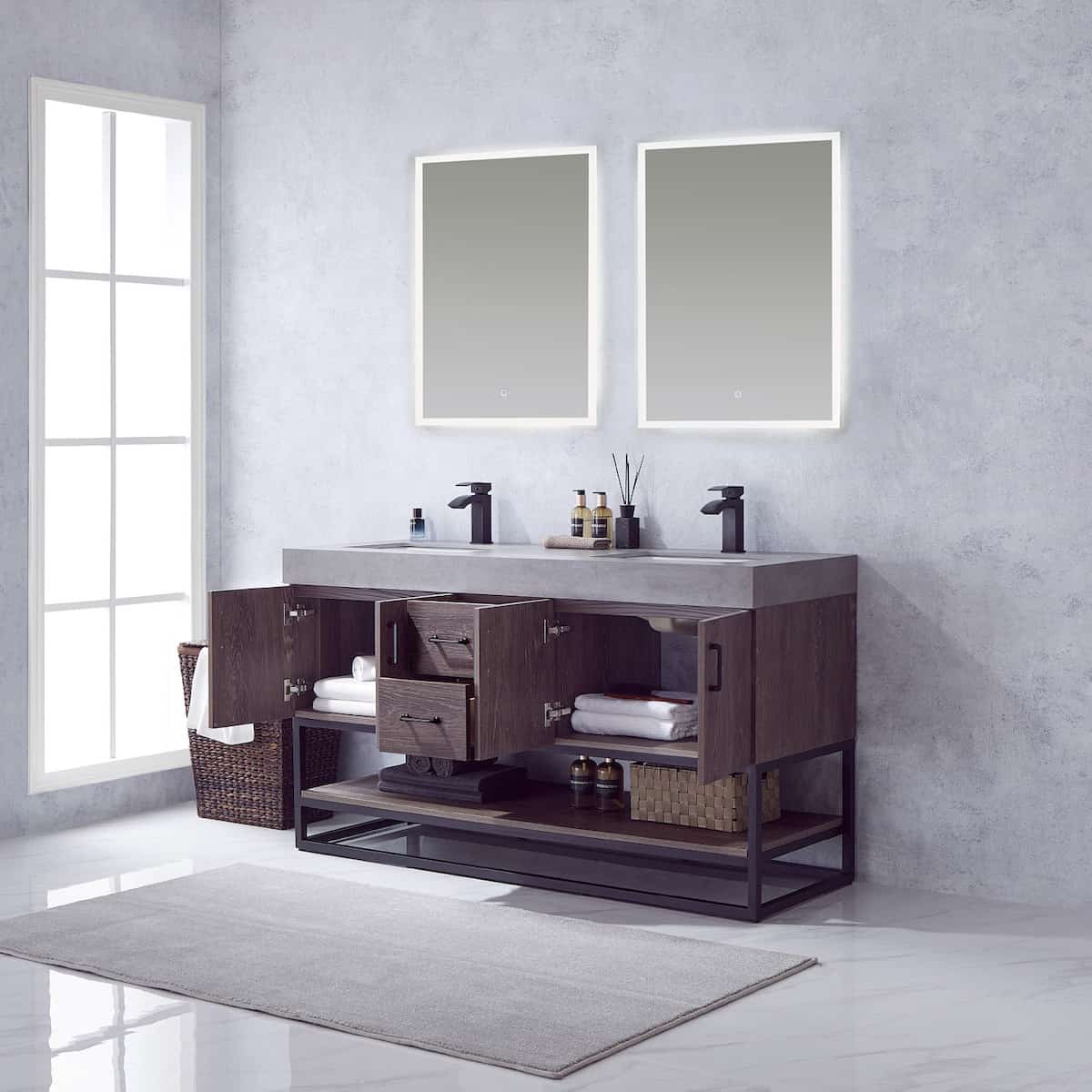 Vinnova Alistair 60 Inch Freestanding Double Sink Bath Vanity in North Carolina Oak and Matte Black Frame with Grey Sintered Stone Top With Mirrors in Bathroom 789060B-NC-WK
