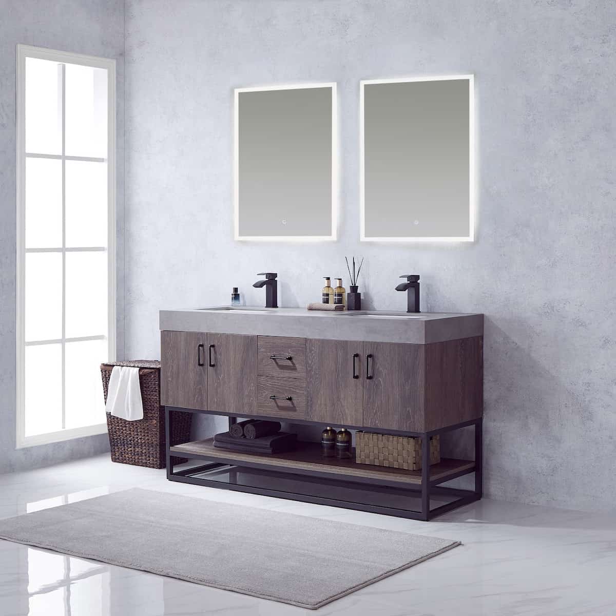 Vinnova Alistair 60 Inch Freestanding Double Sink Bath Vanity in North Carolina Oak and Matte Black Frame with Grey Sintered Stone Top With Mirrors Side 789060B-NC-WK