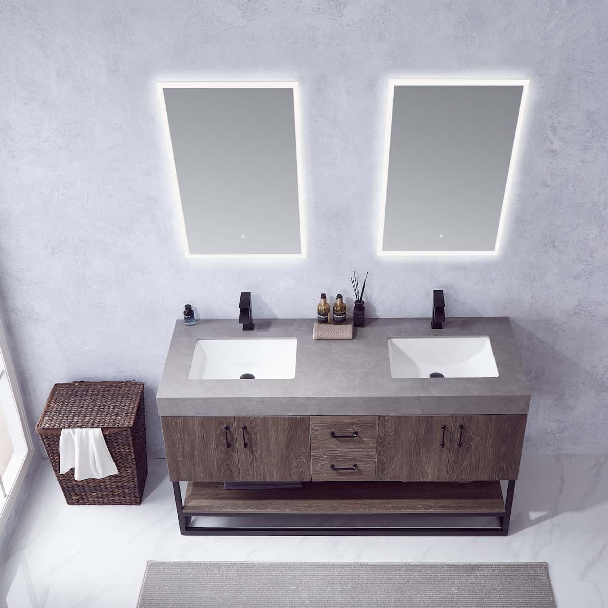Vinnova Alistair 60 Inch Freestanding Double Sink Bath Vanity in North Carolina Oak and Matte Black Frame with Grey Sintered Stone Top With Mirrors Sinks 789060B-NC-WK