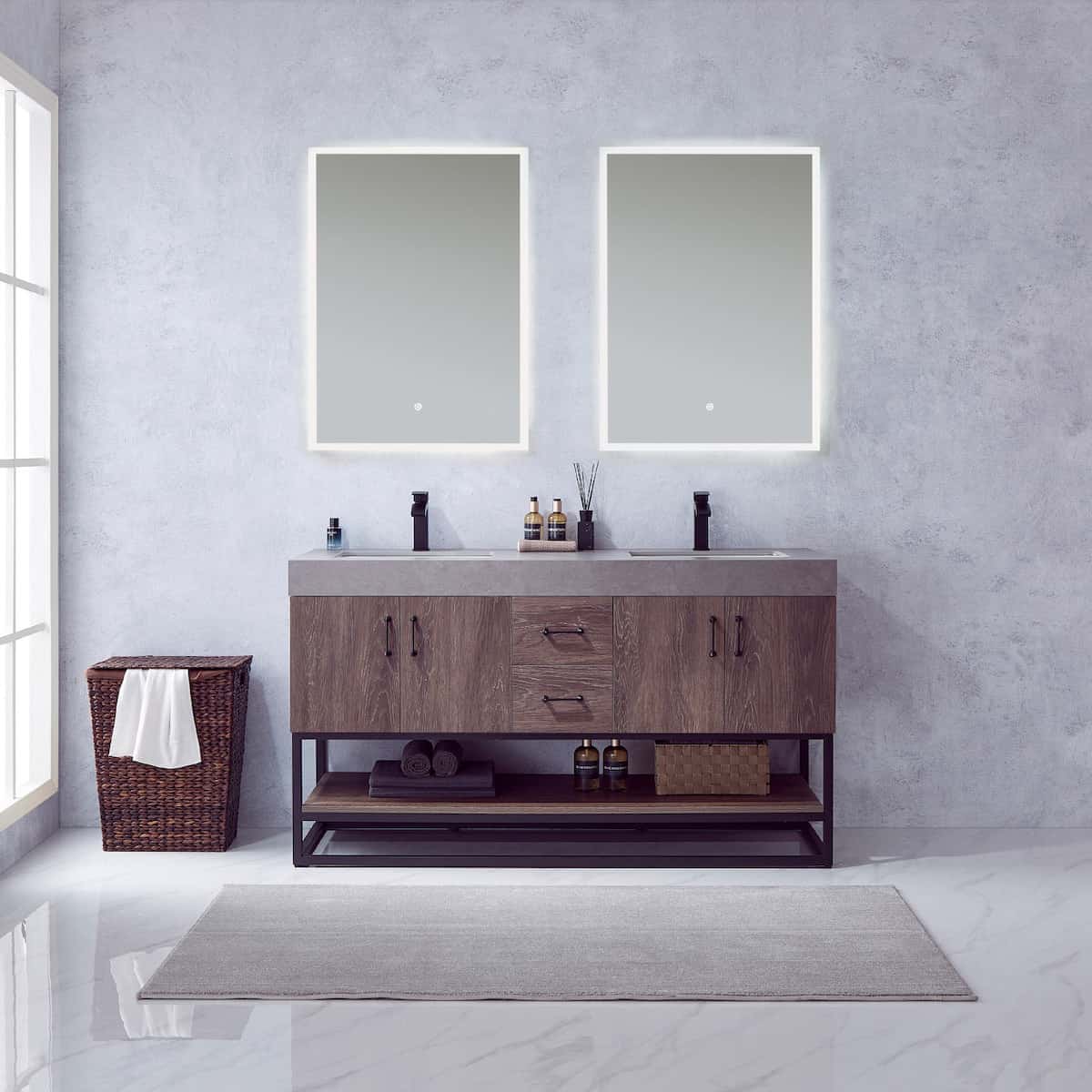 Vinnova Alistair 60 Inch Freestanding Double Sink Bath Vanity in North Carolina Oak and Matte Black Frame with Grey Sintered Stone Top With Mirrors in Bathroom 789060B-NC-WK