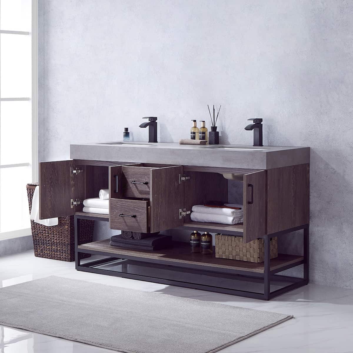 Vinnova Alistair 60 Inch Freestanding Double Sink Bath Vanity in North Carolina Oak and Matte Black Frame with Grey Sintered Stone Top Without Mirrors Inside 789060B-NC-WK-NM