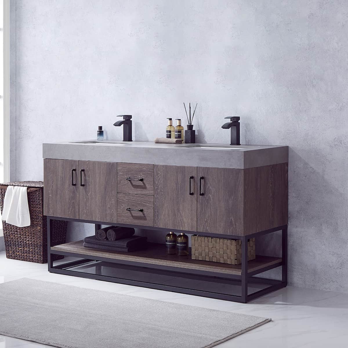 Vinnova Alistair 60 Inch Freestanding Double Sink Bath Vanity in North Carolina Oak and Matte Black Frame with Grey Sintered Stone Top Without Mirrors Side 789060B-NC-WK-NM