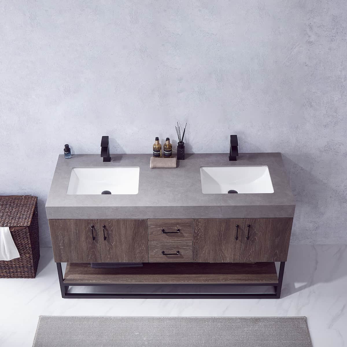 Vinnova Alistair 60 Inch Freestanding Double Sink Bath Vanity in North Carolina Oak and Matte Black Frame with Grey Sintered Stone Top Without Mirrors Sinks 789060B-NC-WK-NM